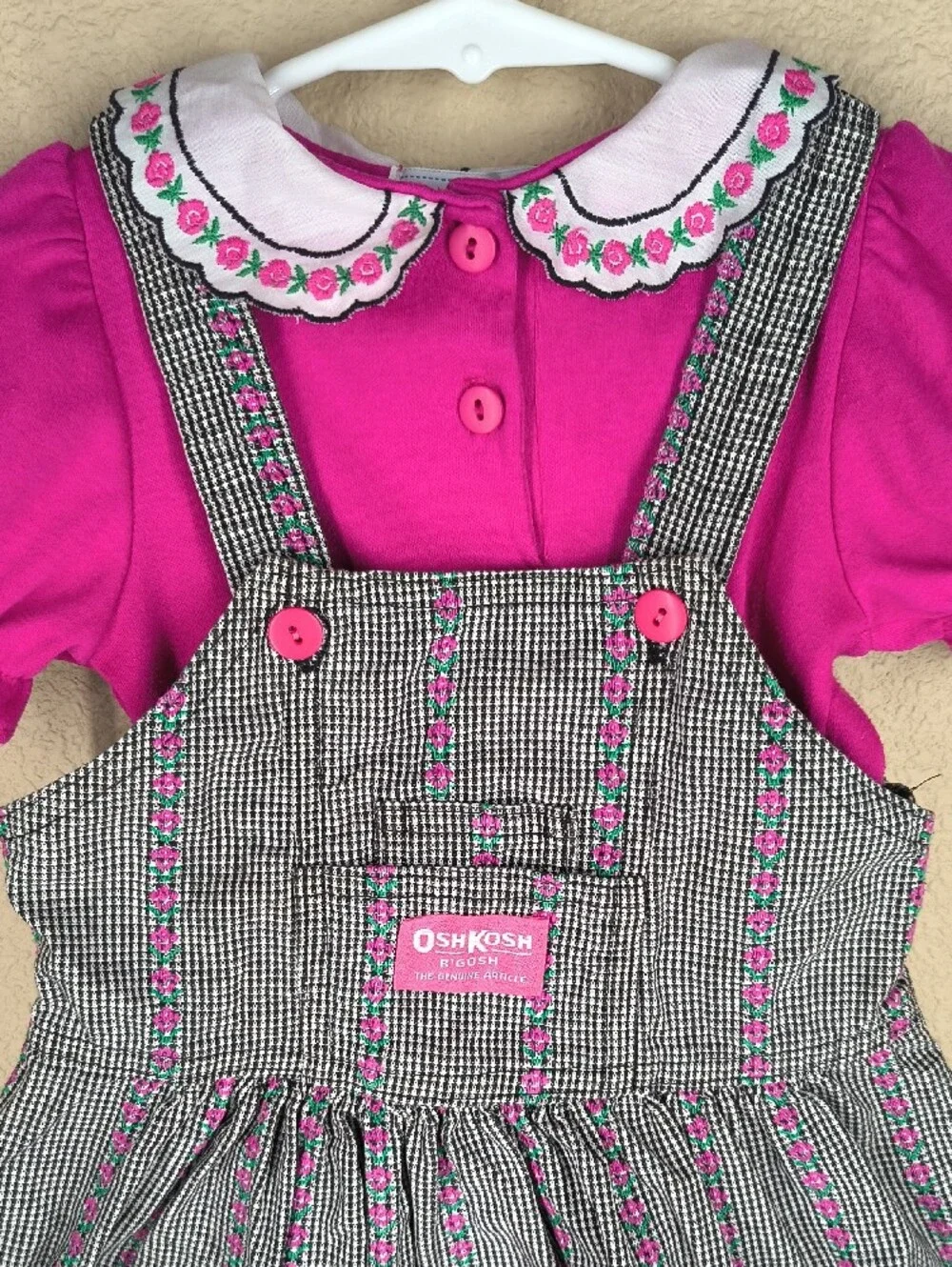 Vintage OshKosh B'gosh Pink Patterned Pinafore Dress And Top Made In USA 24 Mos